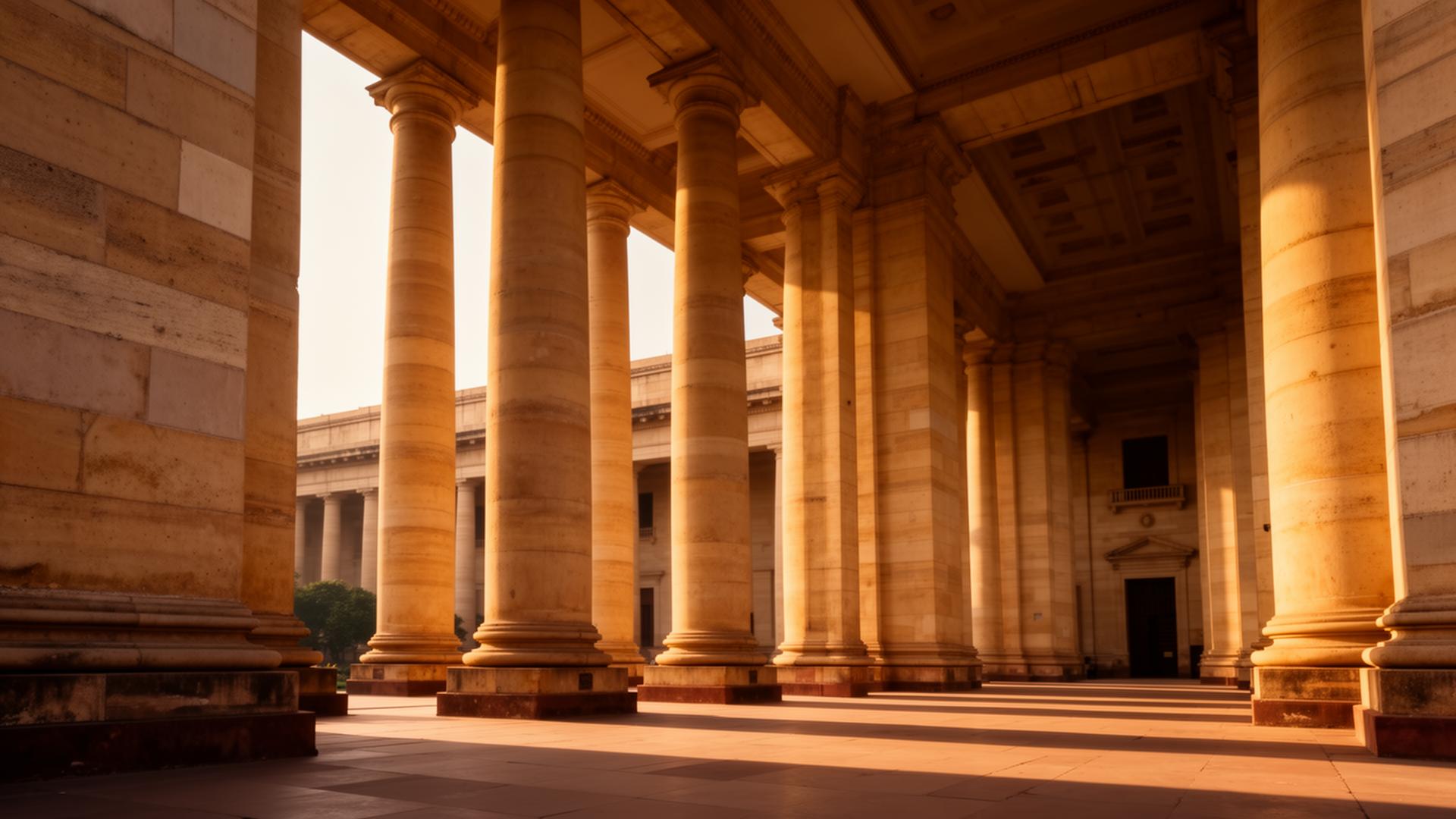 Sandstone colonnade of an Indian high court at golden hour